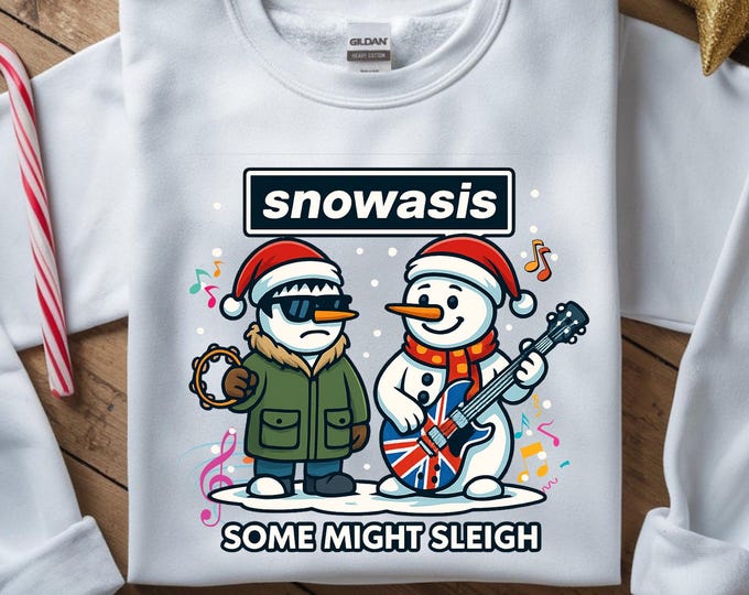 Funny Snowasis Christmas Sweatshirt: Snowman Rock Band Holiday Jumper Shirt