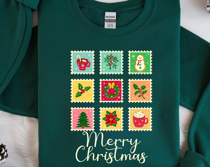 Retro Christmas Stamps Sweatshirt: Vintage Merry Christmas Pullover T-shirt