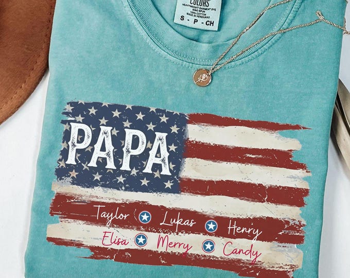 Personalized Papa Shirt With Kids Names Shirt: Custom USA Flag Patriotic Sweatshirt, 4th Of July