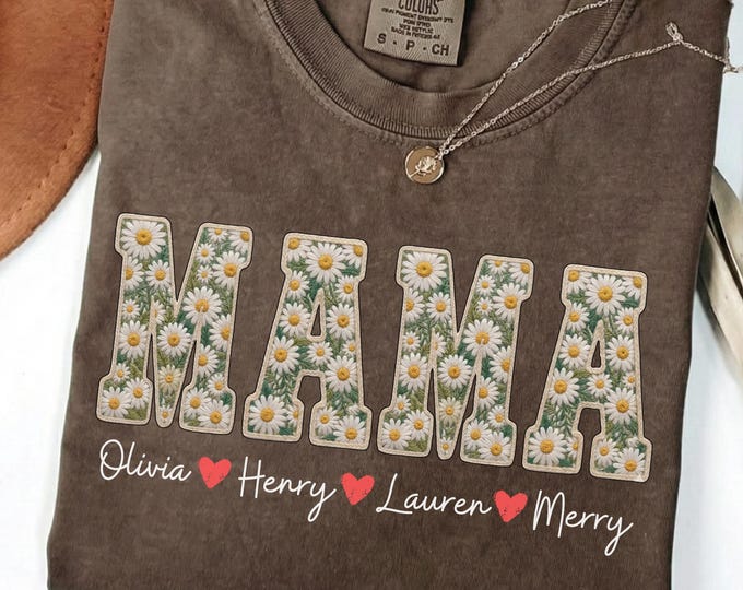 Personalized Mama Shirt with Kids Names: Daisy Floral Faux Embroidery Effect Mom Sweatshirt