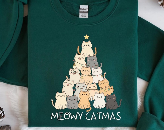 Meowy Cute Catmas Christmas Sweatshirt: Xmas Tree Cat Mom T-shirt, Funny Holiday Kitty Lover Gift