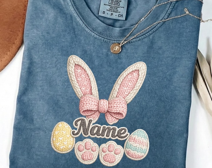 Custom Faux Knitted Yarn Easter Shirt: Personalized Bunny Ears Tee, Funny Kids Easter Top