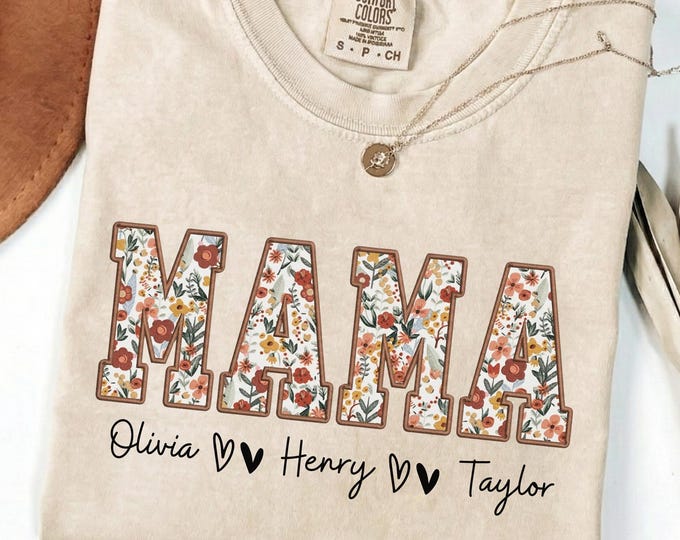 Custom Faux Embroidery Mama Shirt: Personalized Mom with Kids Names Floral Sweatshirt