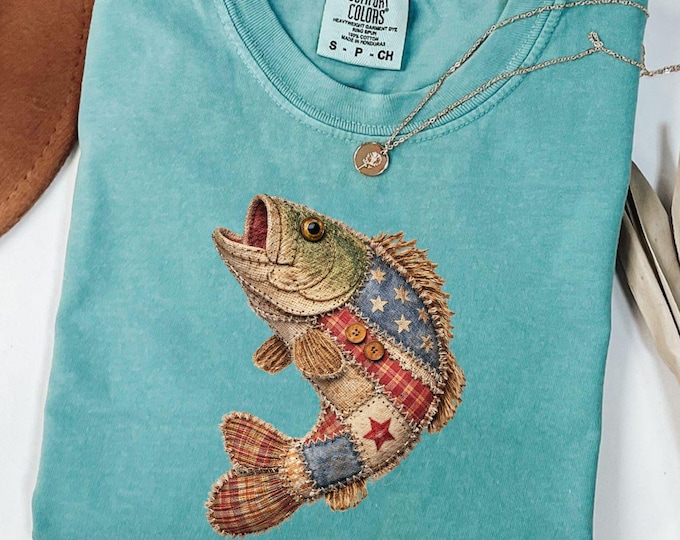 America 250th Anniversary Patchwork Shirt: Rustic USA Fisherman Sweatshirt, Patriotic Fishing Crewneck