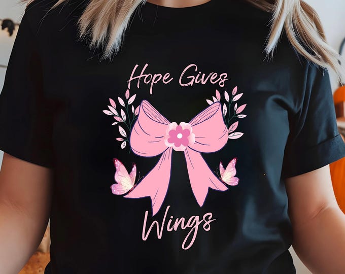 Hope Gives Wings T-Shirt, Breast Cancer Awareness Pink Ribbon Floral Tee