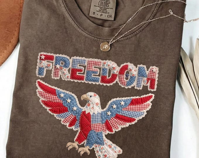 Patchwork Freedom Eagle Patriotic Shirt: Faux Embroidery Effect Independence Sweatshirt