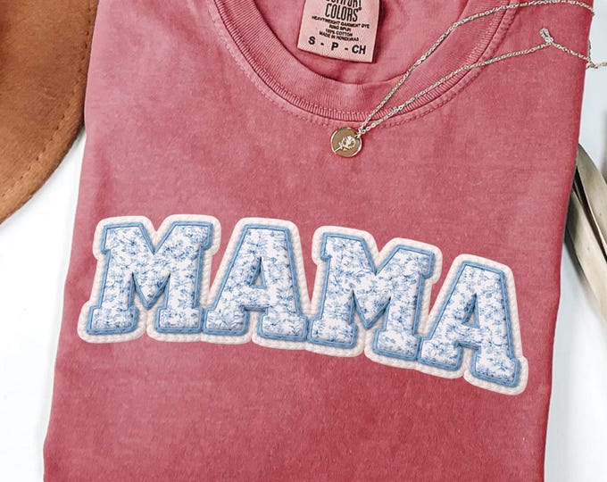 Valentines Blue Toile Lettering Mama Shirt: Faux Yarn Mom Love Sweatshirt