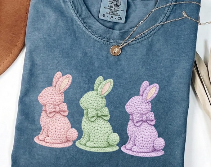 Faux Knitted Yarn Effect Easter Shirt: Spring Bunny Easter Tee, Cute Kids Easter Top