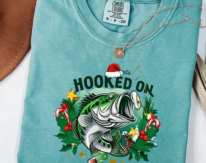 Hooked on Christmas Fisherman Shirt: Funny Bass Fish Holiday Tee