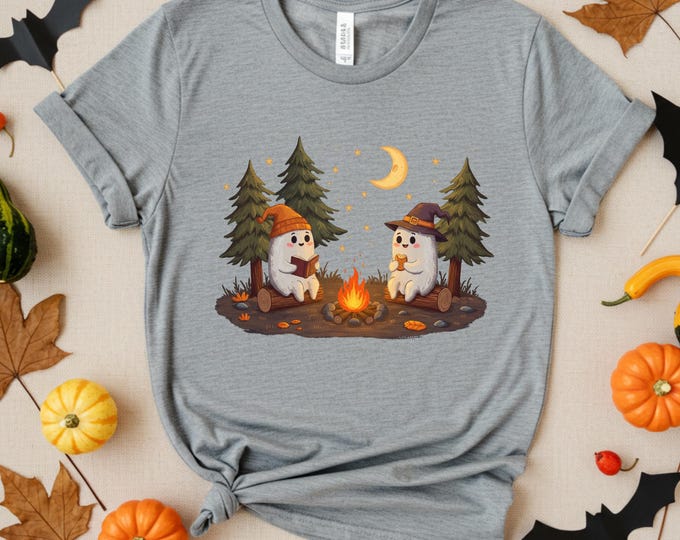 Camping Ghost Gray ColorT-Shirt, Halloween Campfire Tee, Gildan 64000 Camp Shirt