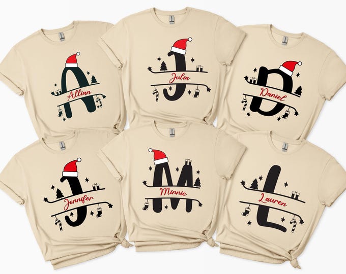 Personalized Christmas Family Matching Shirt: Custom Name Xmas Letter Tee, Family Matching Holiday Gift Shirt