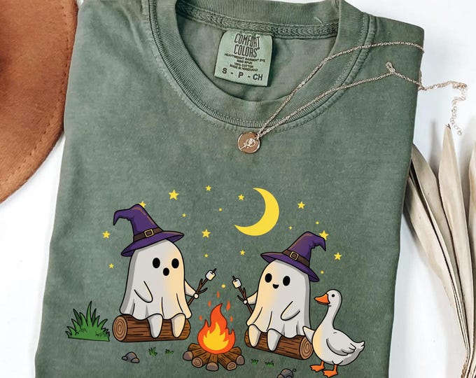 Retro Halloween Camping Shirt: Campfire Ghost Witch Hat Cotton Tee