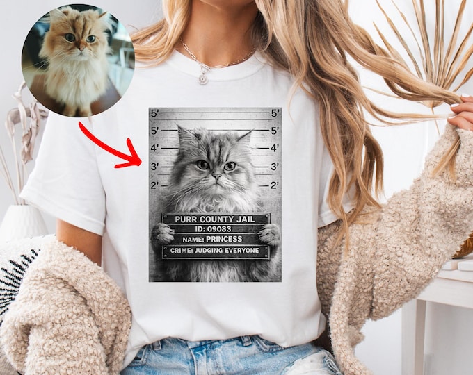 Custom Cat Mugshot Shirt: Personalized Pet Jail Photo Tee, Funny Cat Crime T-Shirt