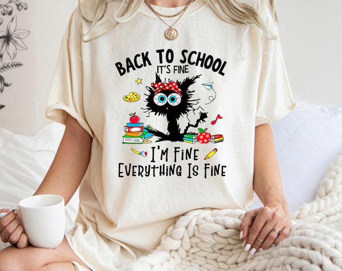 Funny Back to School Teacher Shirt: Distressed Cat I'm Fine Cotton Tee