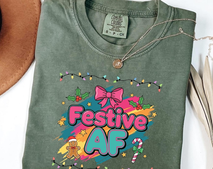 Festive AF Christmas Slogan Shirt: Gingerbread Candy Cane Party Tee, Colorful Xmas Lights Apparel