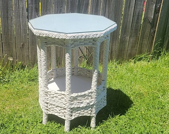 wicker table, octagon  table, white table, white wicker, white rattan, rattan table, parlor table, side table, end table,