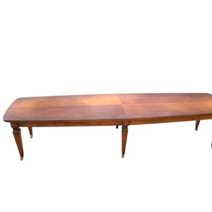 Vintage Mid-Century Modern Long Coffee Table – 72” x 19” – Sleek Wood Grain Top, Tapered Legs on Brass Wheels – Retro MCM Living Room Furnit