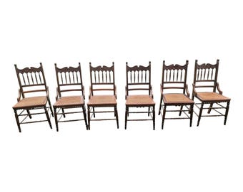 Antique T-Back Dining Chairs with Pressed Cane Seats - Set of 6 - Late 19th Century Turned Oak Dining Set, Historic Accent Chairs, Designer
