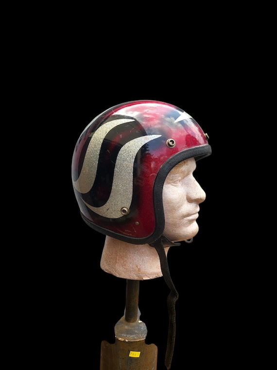 Vintage 70s Metallic Red Flake Biker Helmet - 3/4 Open Face