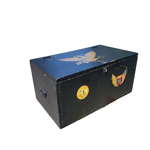 Vintage Military Style Wooden Trunk – Black with Eagle & Emblem Decals – White Interior Storage Chest – Rustic Footlocker / Keepsake Box