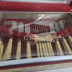 May include: A wooden box with a red velvet interior and a clear plastic lid. The box contains a set of Community Plate silverware, including forks, knives, and spoons. The silverware is arranged in rows and is visible through the clear plastic lid.