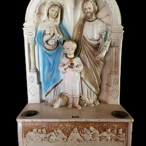 Vintage Holy Family Catholic Statue with Last Supper Relief | Religious Altar Shrine with Candle Holders | Sacred Heart Jesus, Mary & Joseph