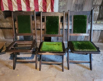 Vintage Wood Folding Chairs: Green Fabric Seats, Set of 3