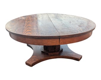 Antique Quartersawn Oak Pedestal Coffee Table – 42 Round Dining Conversion – Rustic Farmhouse Style