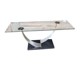 Postmodern Sculptural Glass Console Table | Architectural Brushed Metal Base (60")