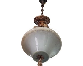 1930s Church Pendant Light – Milk Glass Shade, Ornate Plaster Finial, Gothic Revival Salvage