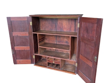 Antique Document Cabinet with Original Key – Historic Wood Desk Organizer, Apothecary Cubby Storage