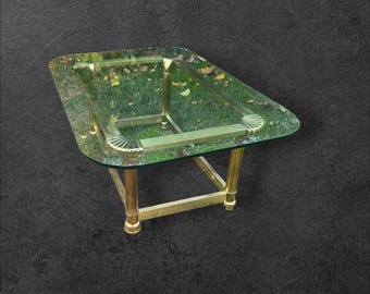 Vintage Mastercraft Brass & Glass Coffee Table | Mid Century Modern Hollywood Regency Scallop Corner Table