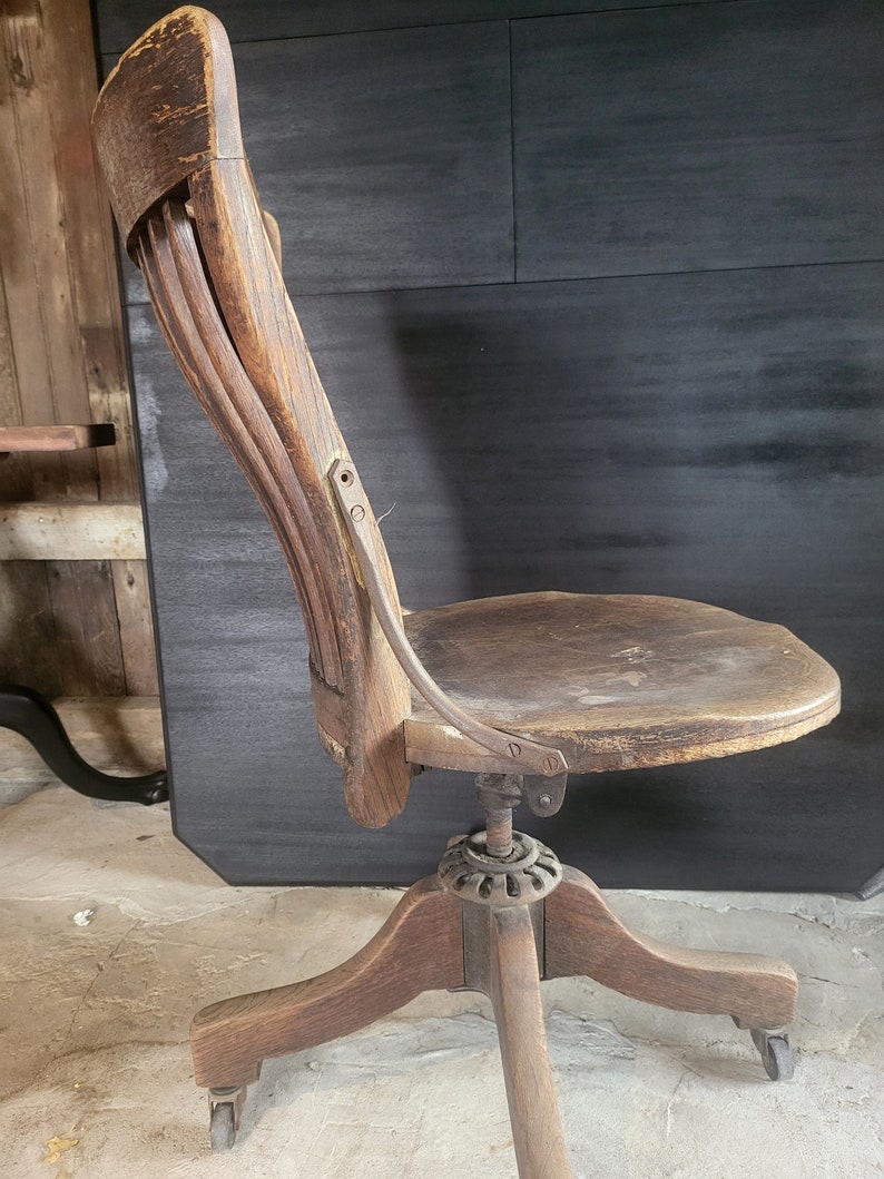 antique wood office chair, antique slat chair, rolling slat chair, rolling wood chair, antique rolling office chair, antique wood chair image 6