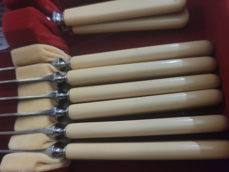 May include: Set of eight silver-plated butter knives with ivory-colored handles. The knives are arranged in a row, with the handles facing up.