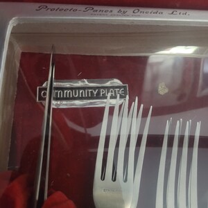 May include: A close-up of a set of silverware in a red velvet box. The silverware is marked "Community Plate" and "Stainless".