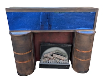 Modern Gothic Shou Sugi Ban Mantel – Vintage Art Deco Cobalt Blue Glass Statement Piece – Hand-Charred Architectural Salvage – Illuminated P