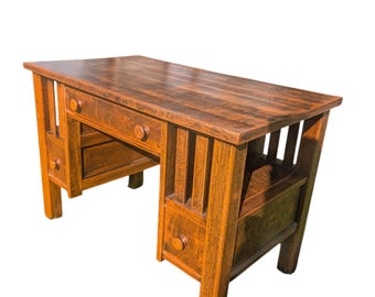 Antique Mission Style Quartersawn Oak Desk | Arts & Crafts Era Kneehole Library Writing Table