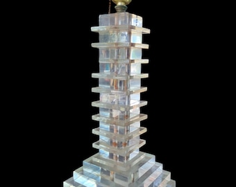 lucite lamp, lucite tower lamp, lucite block lamp