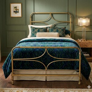 Midcentury Hollywood Regency Brass Headboard & Footboard 42” Wide, Patina Finish, Glam Vintage Bed Frame afbeelding 2