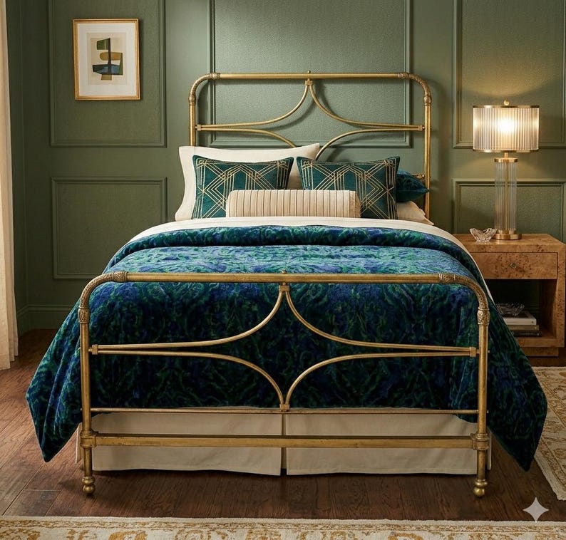 Midcentury Hollywood Regency Brass Headboard & Footboard 42” Wide, Patina Finish, Glam Vintage Bed Frame afbeelding 2