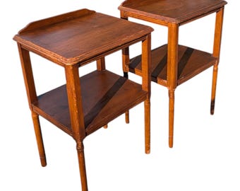 Vintage Wood Side Tables – Gallery Top, Lower Shelf Nightstands (Set of 2)