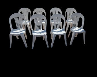 Vintage Syroco White Garden Chairs - Set of 8 - Mid Century Modern Architectural Outdoor Seating - Designer Patio Set - Made in USA