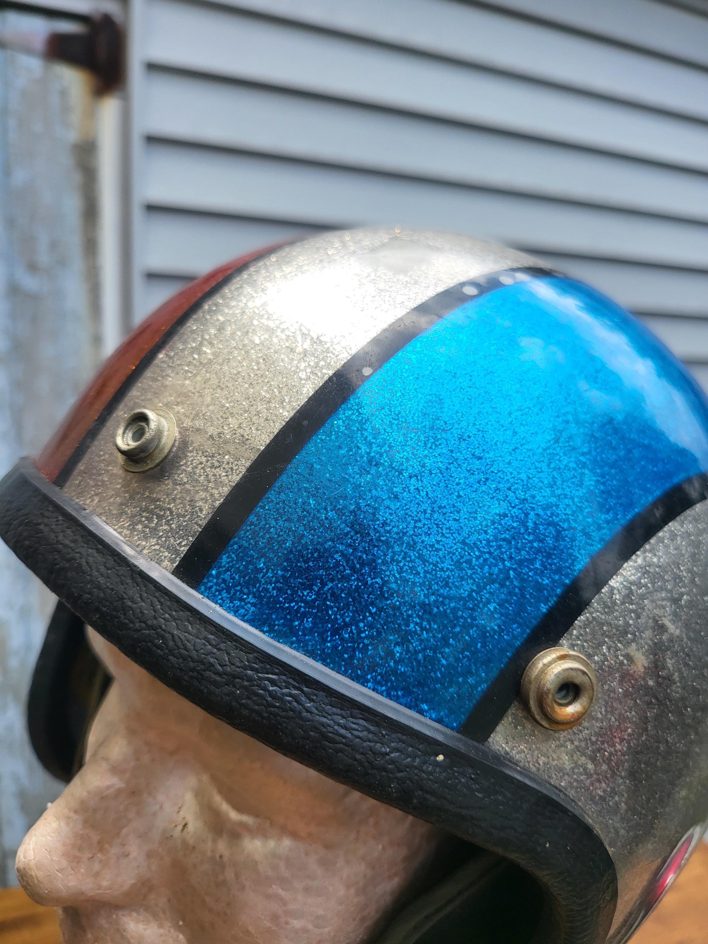 Vintage 70s Metallic Flake Motorcycle Helmet: Red, Blue & Silver 3