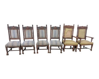 Set of 6 Antique Green Man Dining Chairs | Renaissance Revival Barley Twist Oak Chairs | Gothic Parisian Decor | Two Armchairs & Four Side C