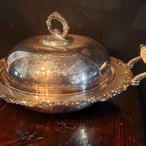 Silver Plate Covered Serving Dish with White Handles