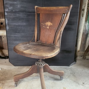 antique wood office chair, antique slat chair, rolling slat chair, rolling wood chair, antique rolling office chair, antique wood chair image 1