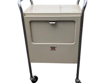 Vintage Mid-Century Burdick Medical Cart - Industrial Bar Cart - Cream Metal EKG Stand - MCM Rolling Record Cabinet - Hospital Chic Side Tab