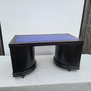Art Deco Cobalt Blue Coffee Table: Burnt Wood Vintage Prohibition Table