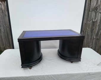 coffee table, art deco table, prohibition table, cobalt blue table, cobalt blue, burnt table, black wood, vintage table, wood table