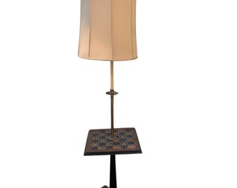 Mid-Century Inlaid Tile Floor Lamp Table Combo | Amber Clover Top, Brass Lion Feet